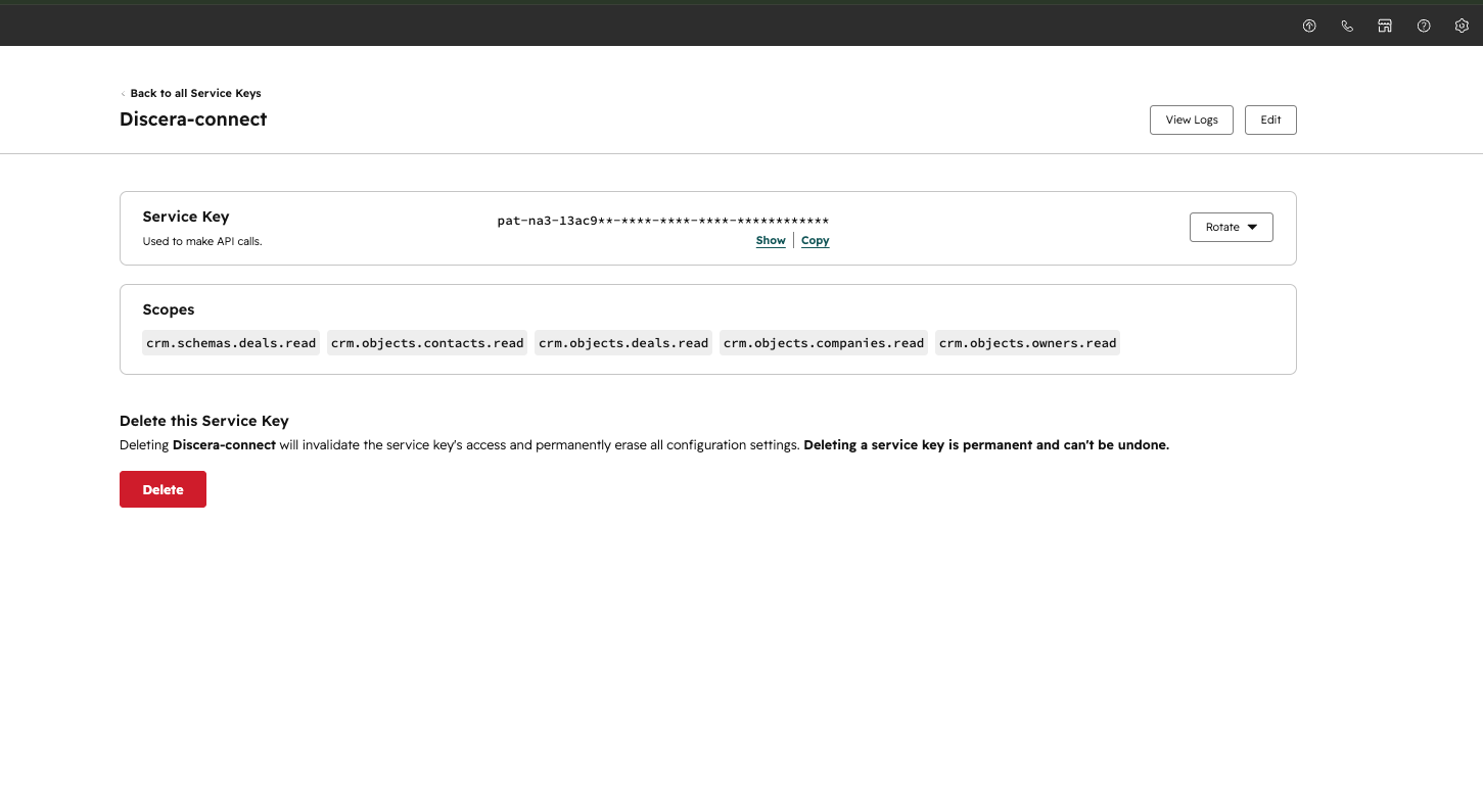 The Service Key detail page showing the pat- key with Show, Copy, and Rotate