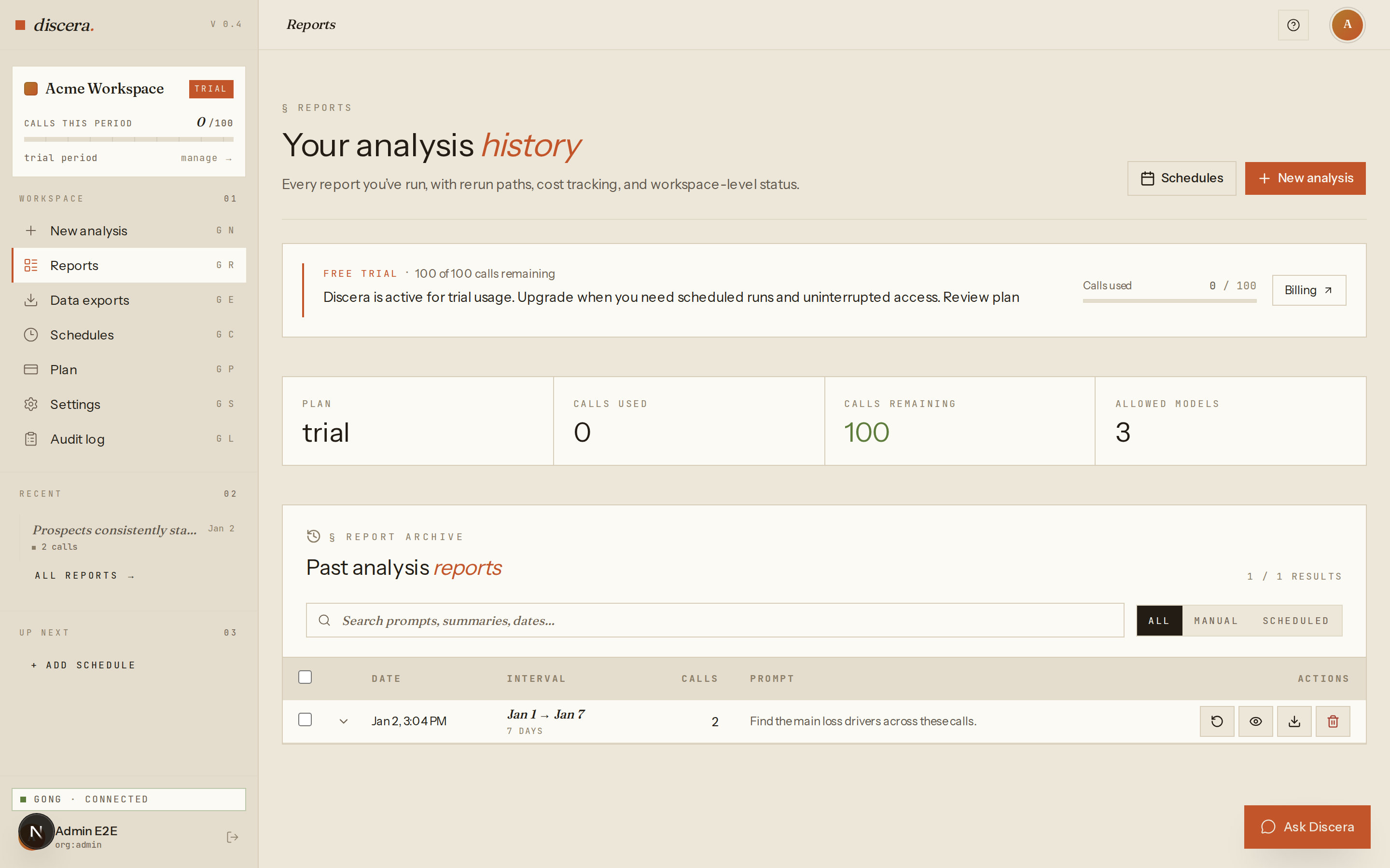 Discera dashboard showing the Past analysis reports table with one completed report row