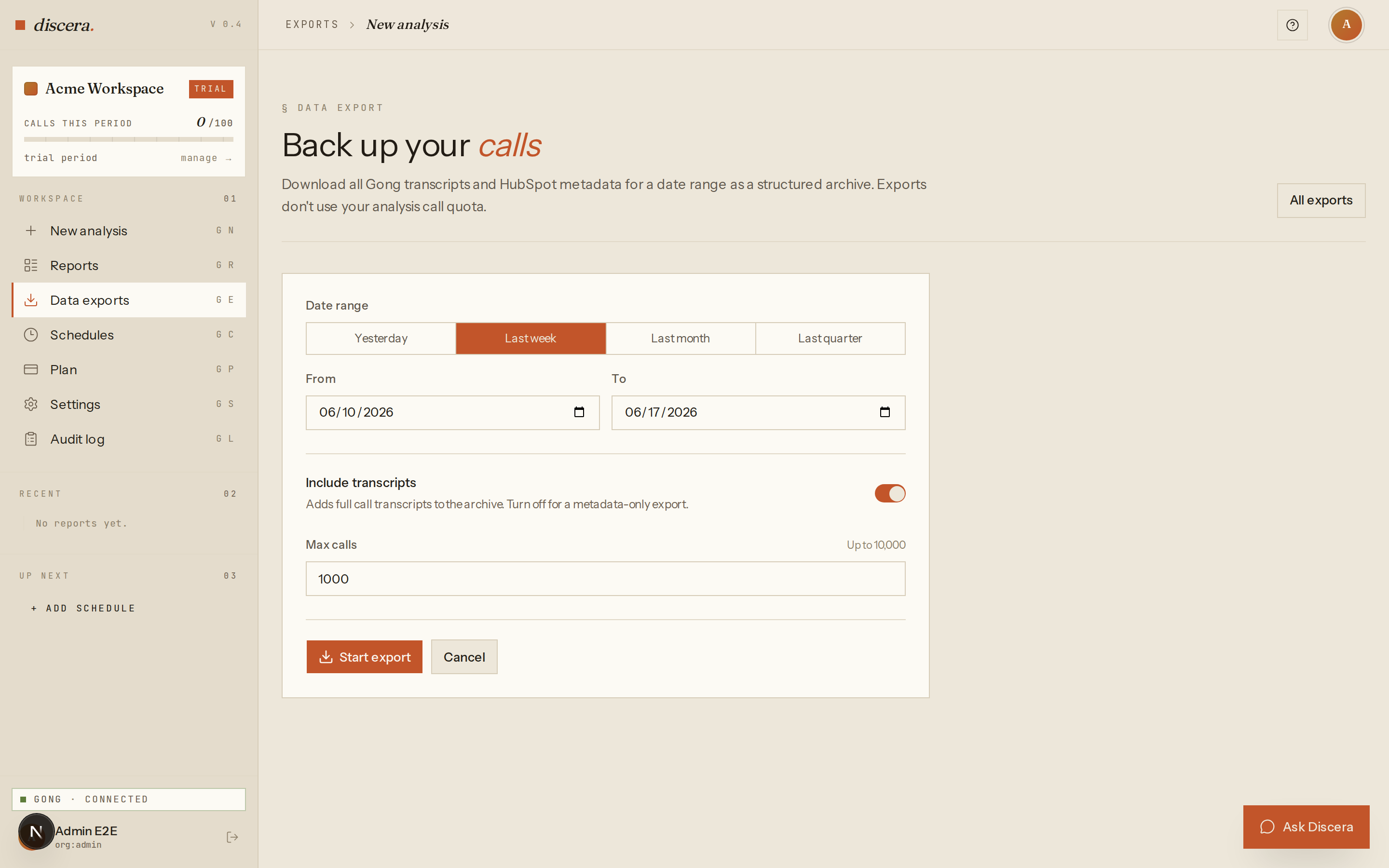 The New export builder at /exports/new showing date-range presets, the Include transcripts toggle, and a max-calls field