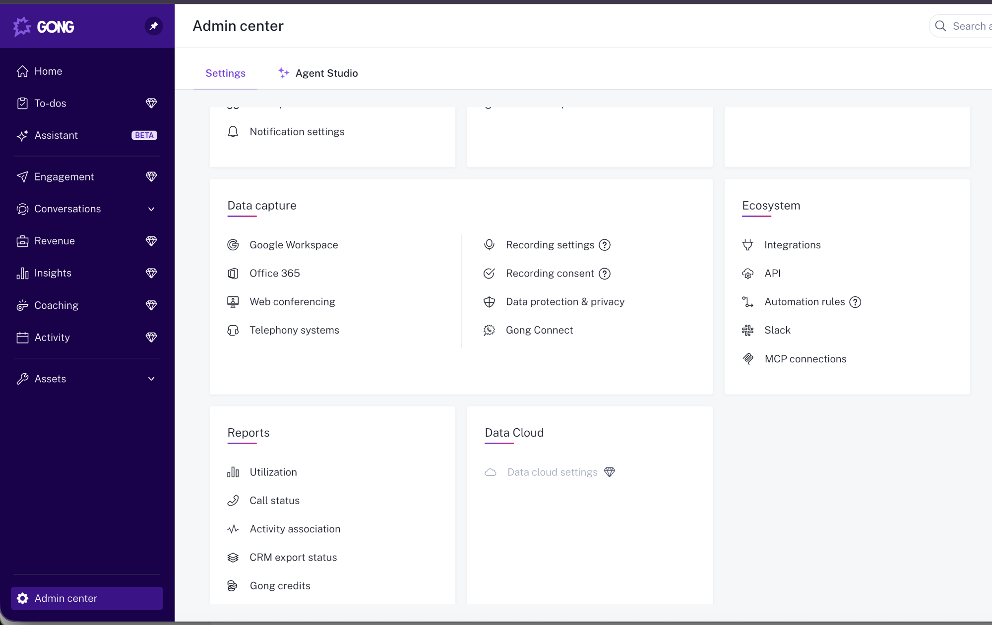 Gong Admin center settings page with the Ecosystem card on the right listing Integrations, API, Automation rules, Slack, and MCP connections