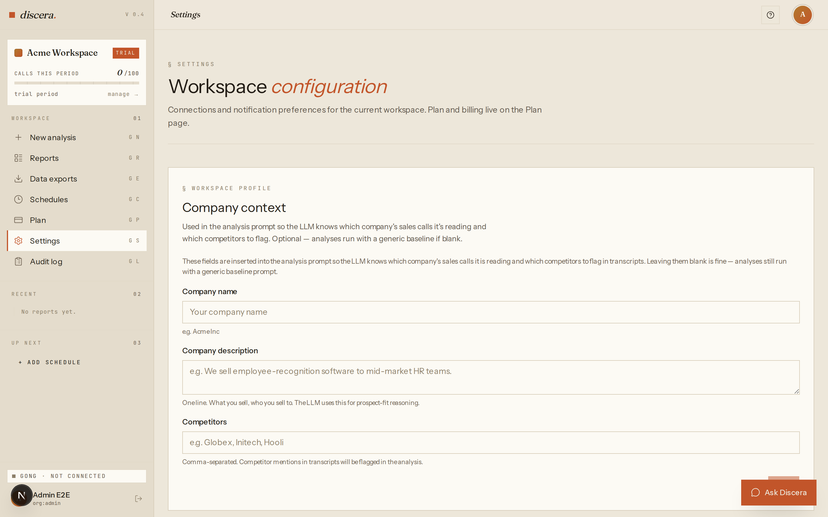 Discera Settings page showing the Gong integration card disconnected, with empty Access key, Secret key, and Base URL fields