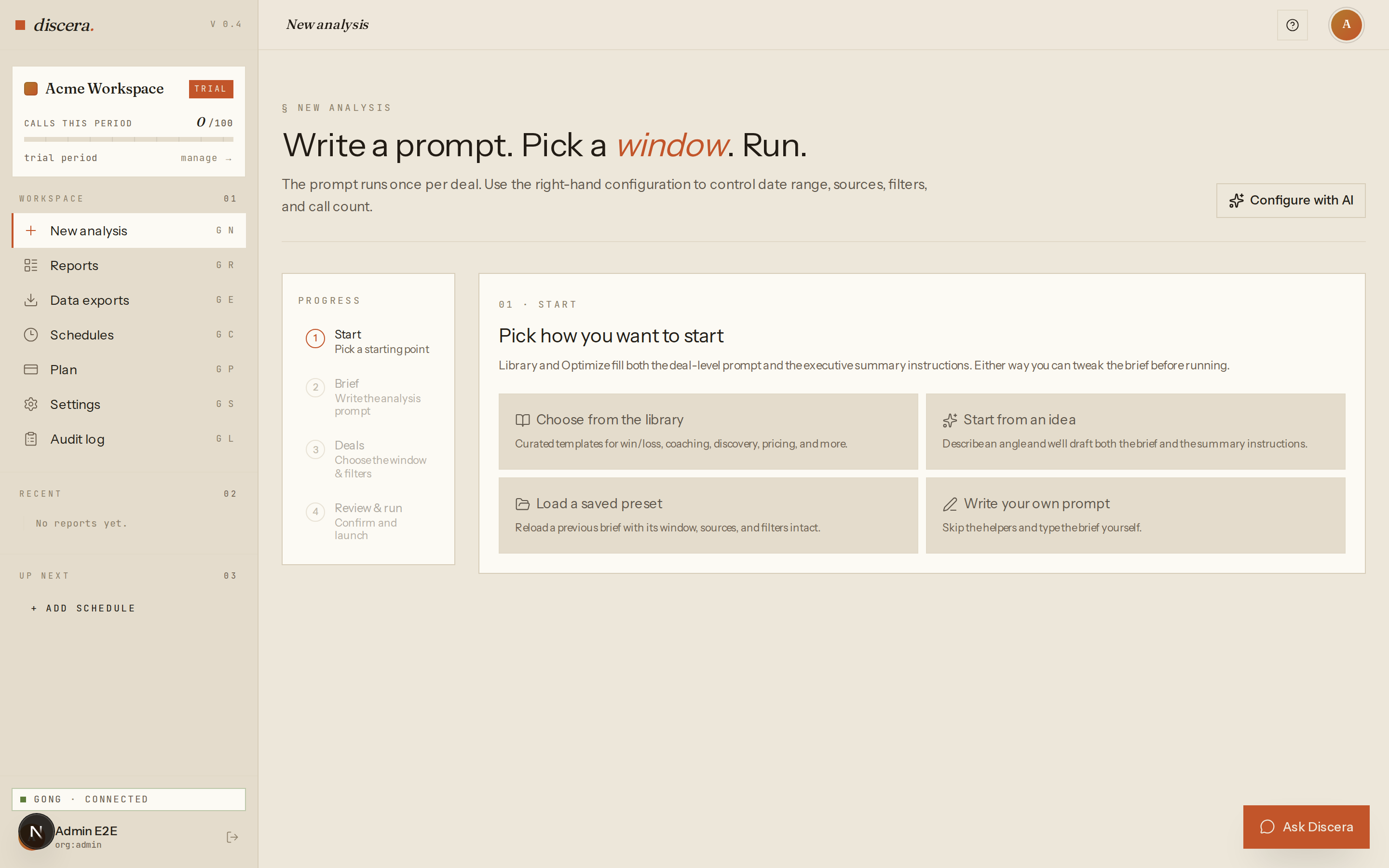 Discera /new page showing the start-mode chooser with the library and custom-prompt options
