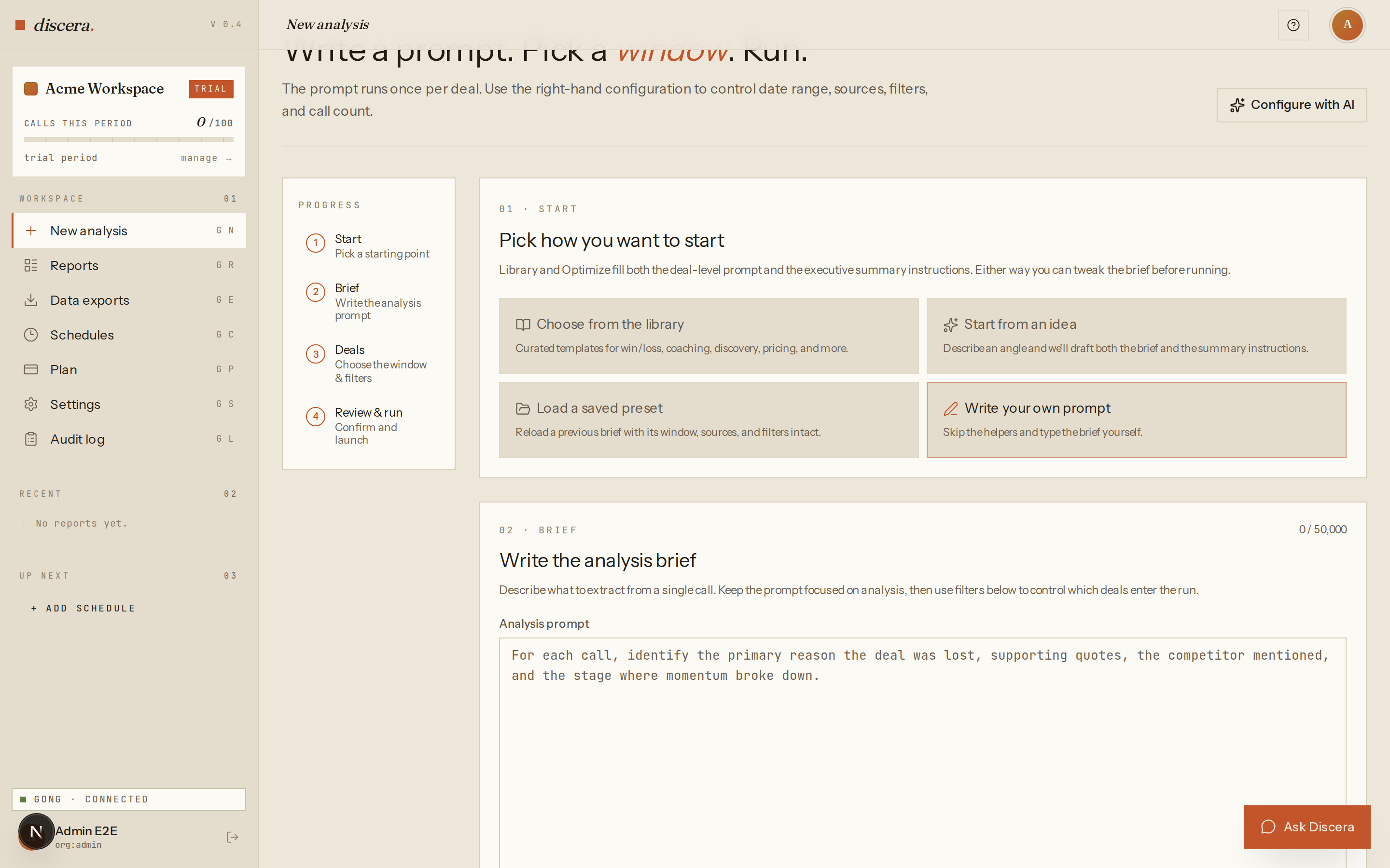 Discera /new page with the deal-level prompt textarea visible after selecting Write your own prompt