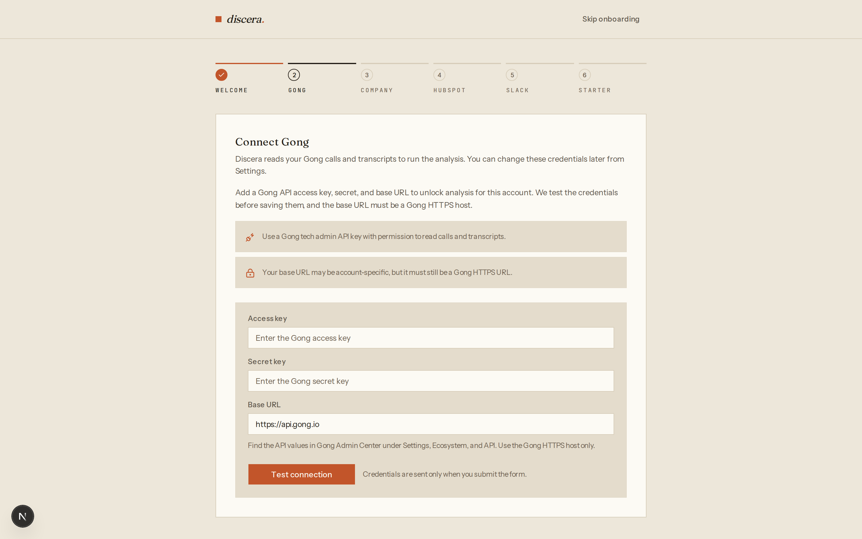 Discera onboarding wizard, step 2 — Connect Gong form with access key, secret key, and base URL fields