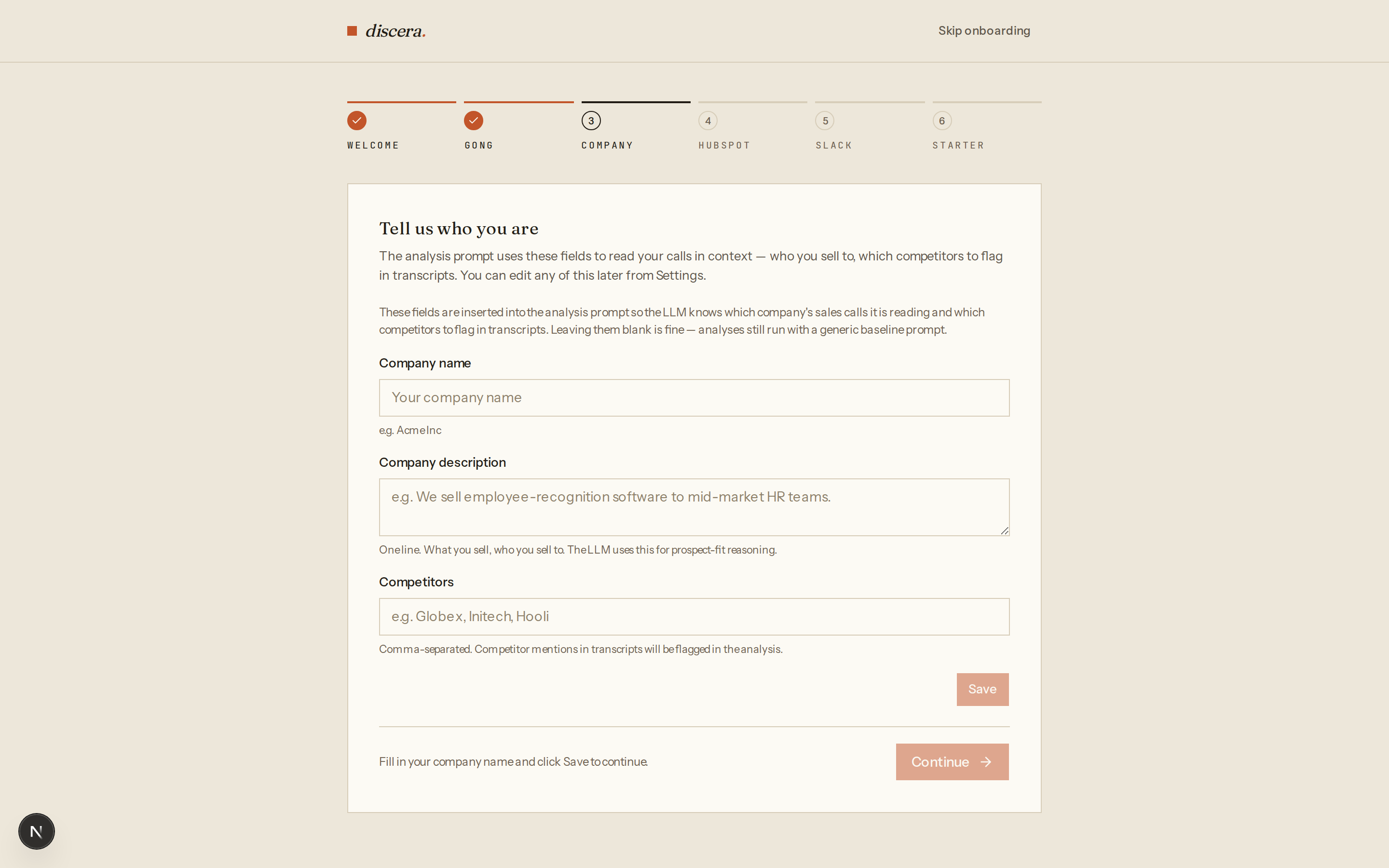 Discera onboarding wizard, step 3 — Tell us who you are: company name and description