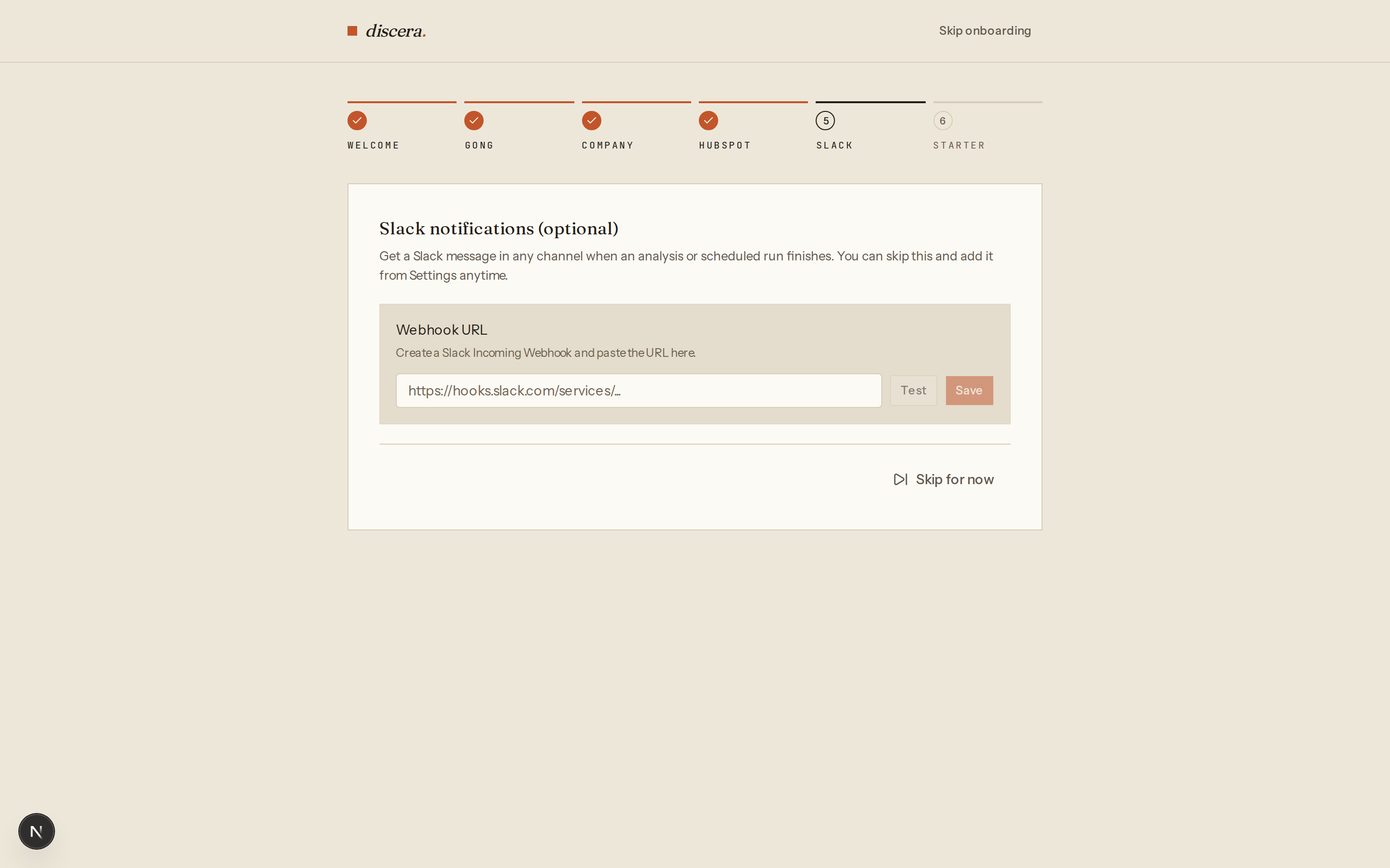 Discera onboarding wizard, step 5 — Slack notifications setup with OAuth and webhook options