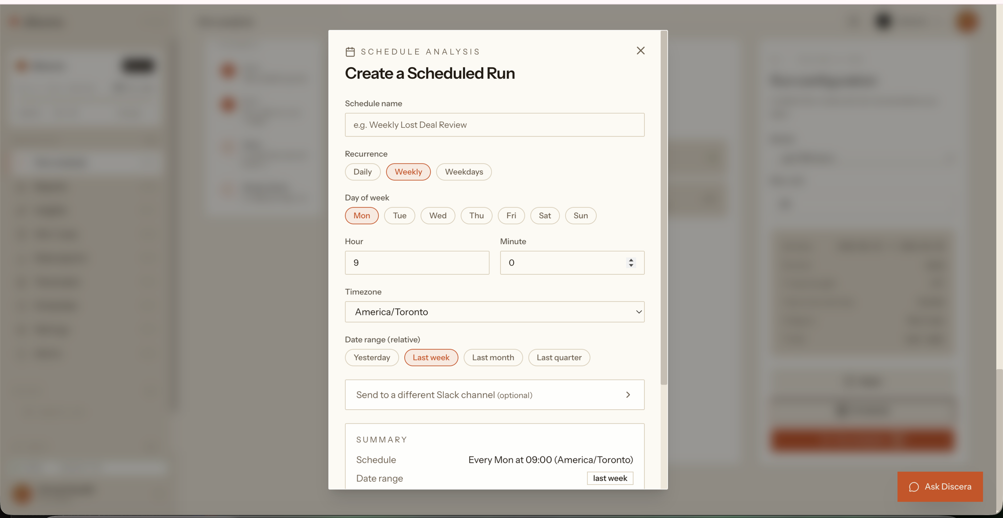 Discera schedule dialog: choosing recurrence, day, time, timezone, and date range for a recurring analysis.
